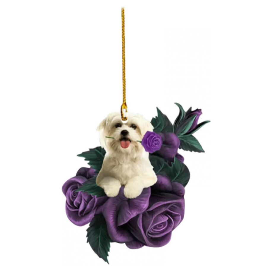 Purple Flower Puppy Christmas Tree Ornament