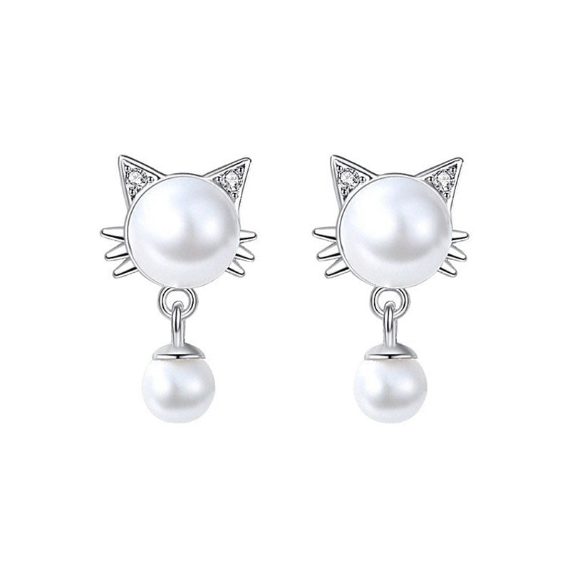 Cute Tassel Kitten Pearl Silver Earrings