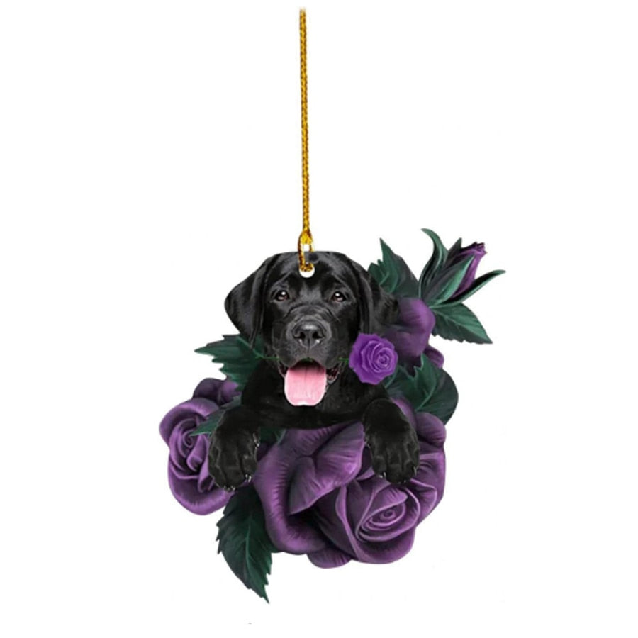 Purple Flower Puppy Christmas Tree Ornament