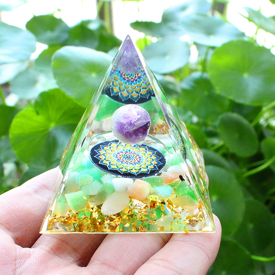 Orgone Pyramid with Amethyst, Peridot, and Healing Crystals