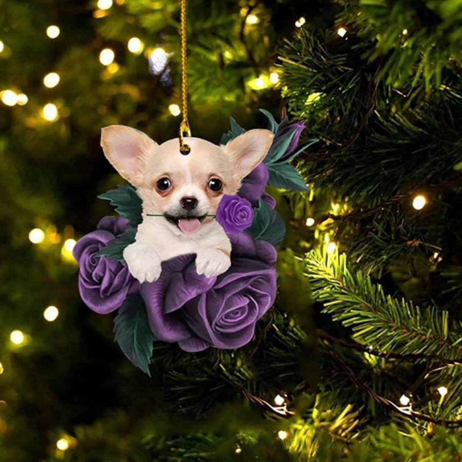 Purple Flower Puppy Christmas Tree Ornament