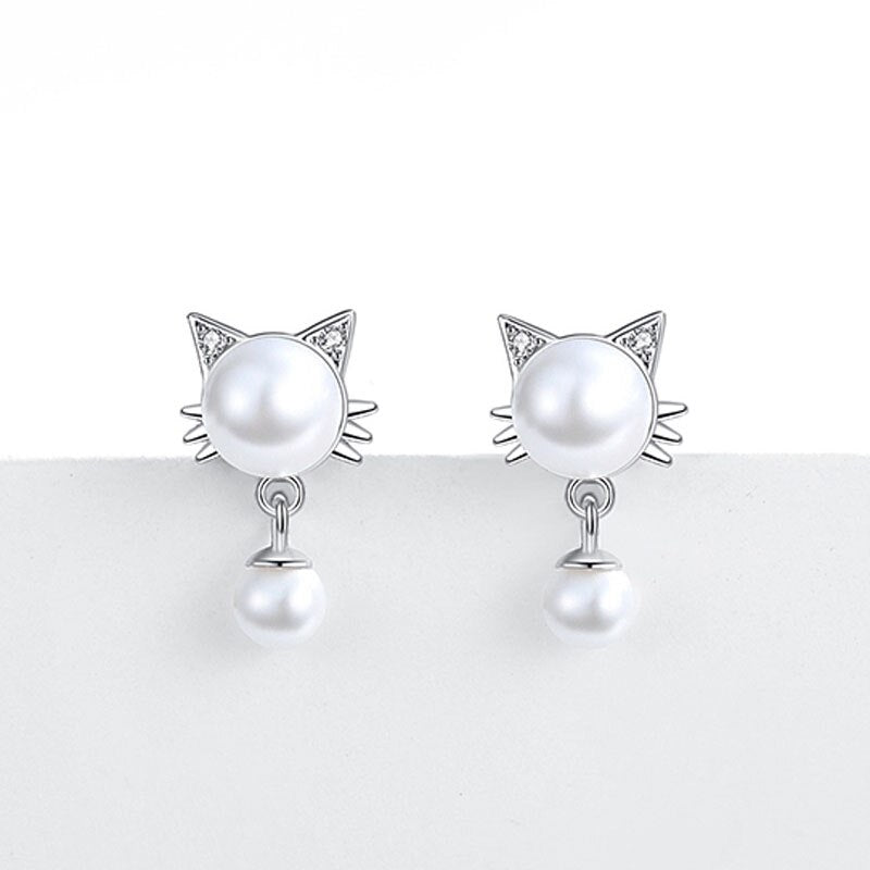 Cute Tassel Kitten Pearl Silver Earrings