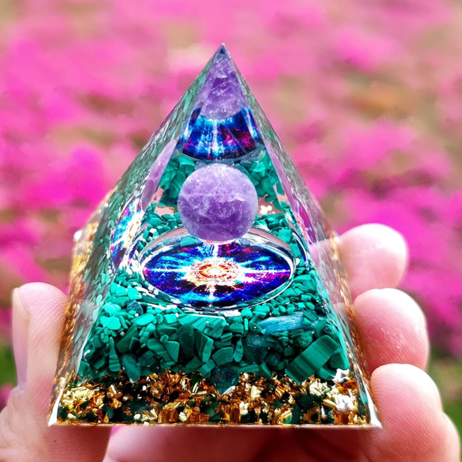 Orgone Pyramid with Amethyst, Peridot, and Healing Crystals