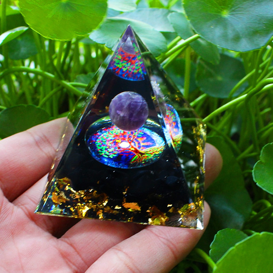 Orgone Pyramid with Amethyst, Peridot, and Healing Crystals