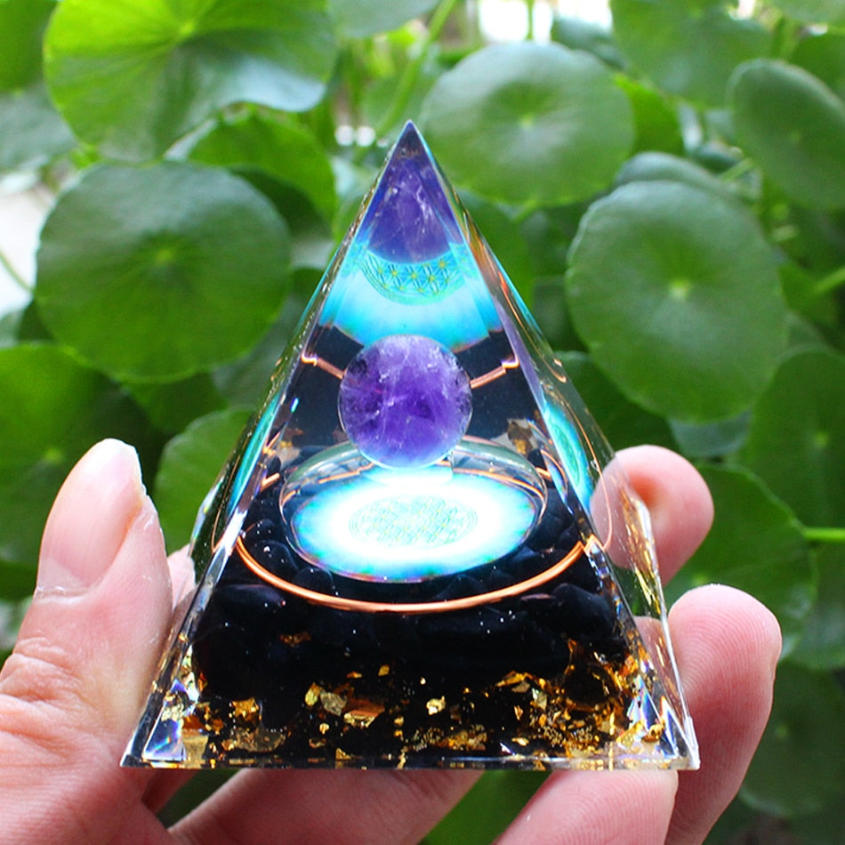 Orgone Pyramid with Amethyst, Peridot, and Healing Crystals