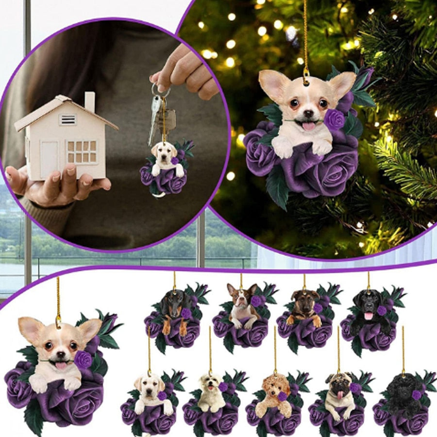 Purple Flower Puppy Christmas Tree Ornament