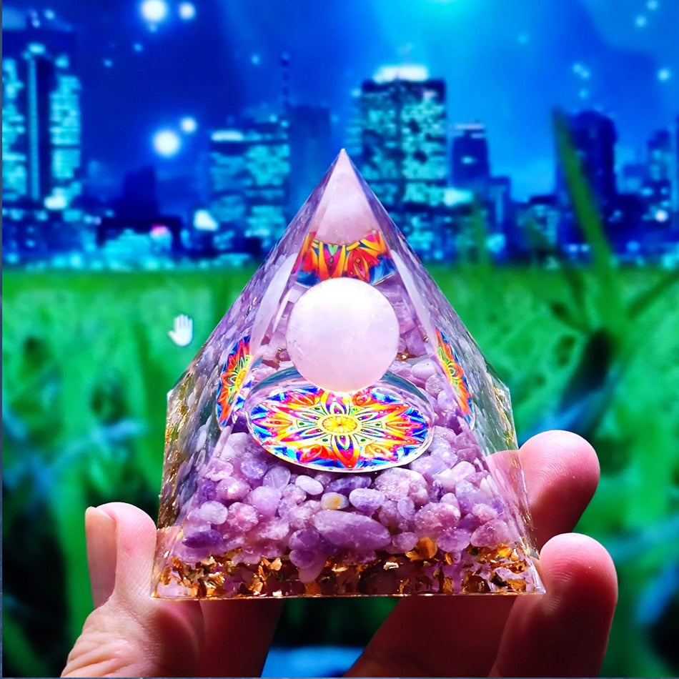 Orgone Pyramid with Amethyst, Peridot, and Healing Crystals